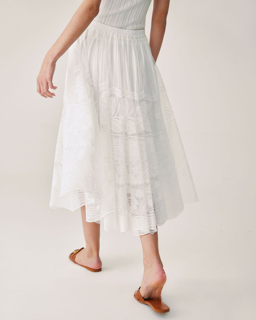 White Lace Elastic Waist Midi Skirt