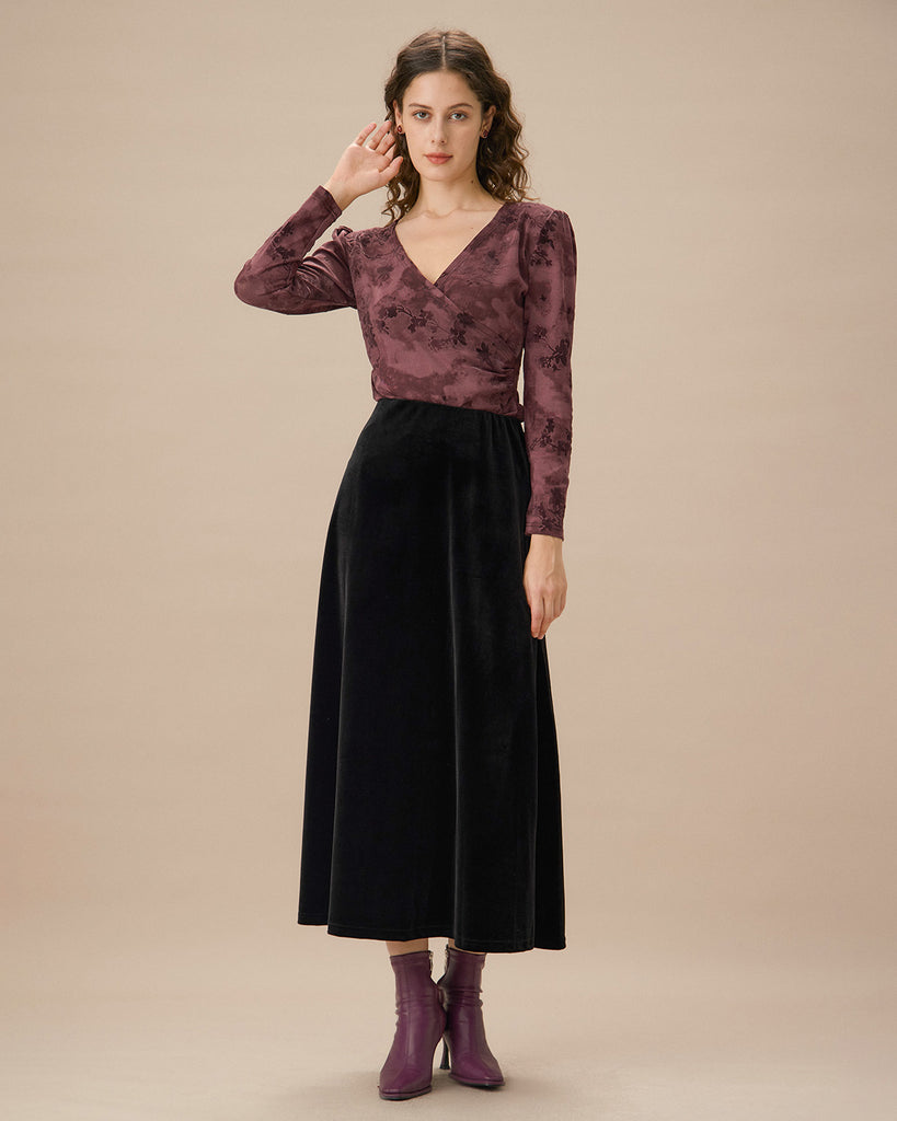 Black Velvet Elastic Waist Midi Skirt