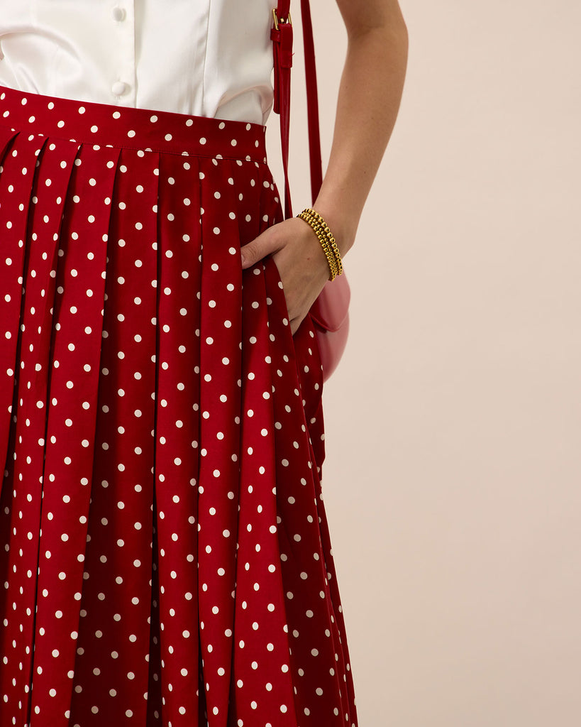 Women's Red High-Waisted Polka Dot Midi Skirt