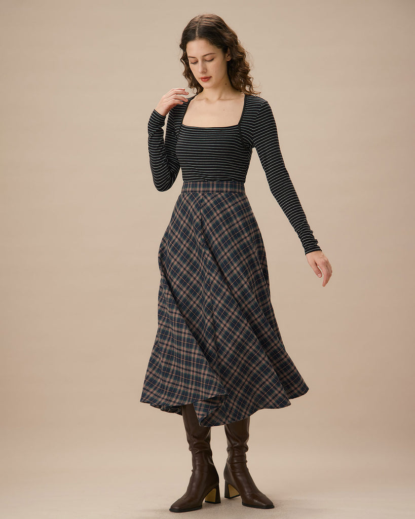 Navy Plaid Flared Midi Skirt