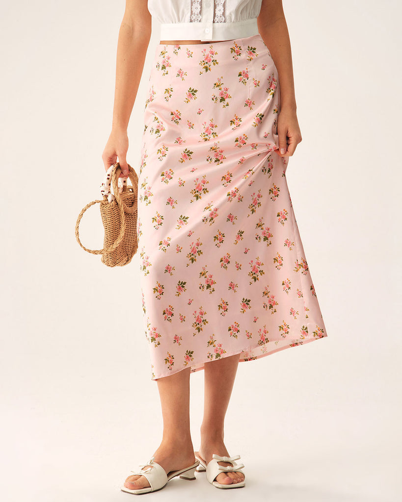 Pink Floral Satin Straight Midi Skirt