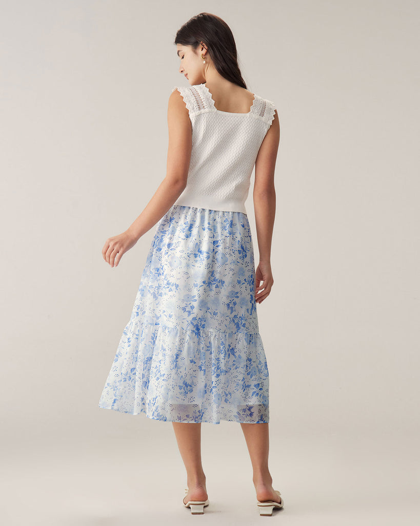 Blue Floral Flared Midi Skirt