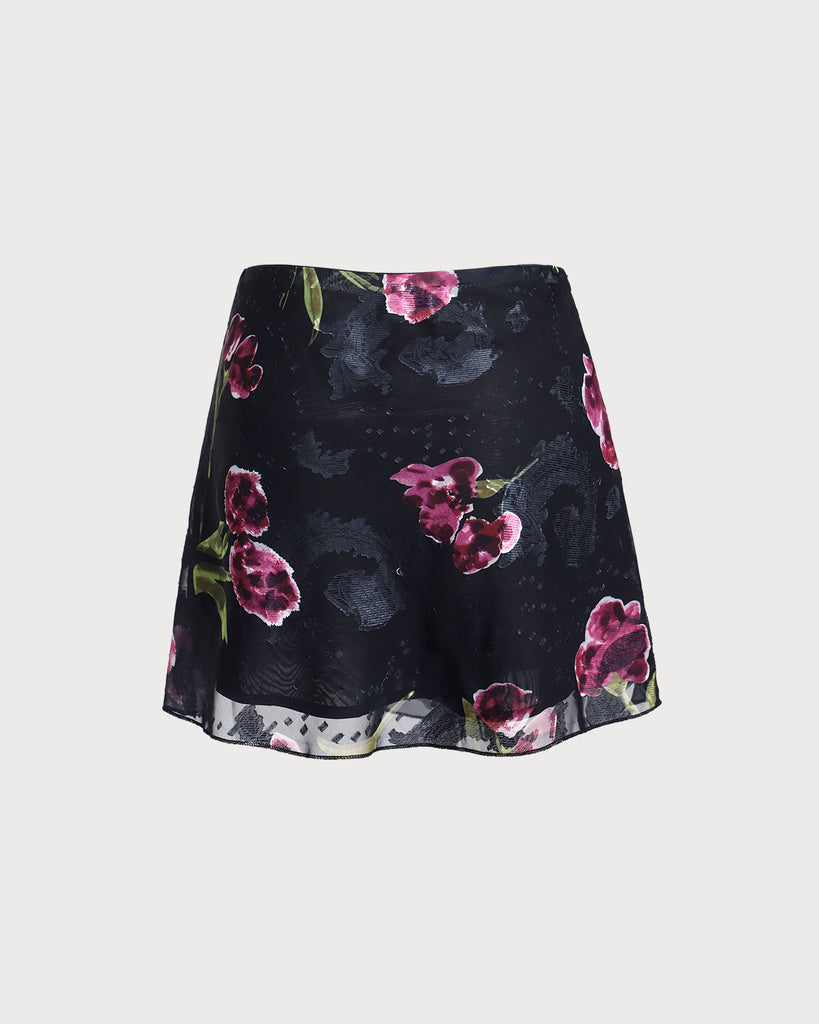 Black Floral High Waisted Mini Skirt