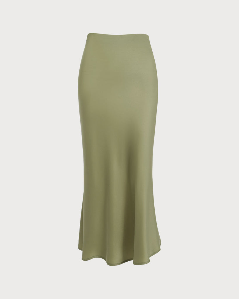 Women's Green Satin Mermaid Midi Skirt