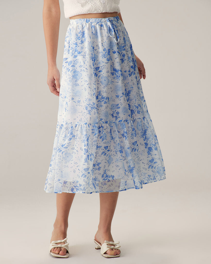 Blue Floral Flared Midi Skirt