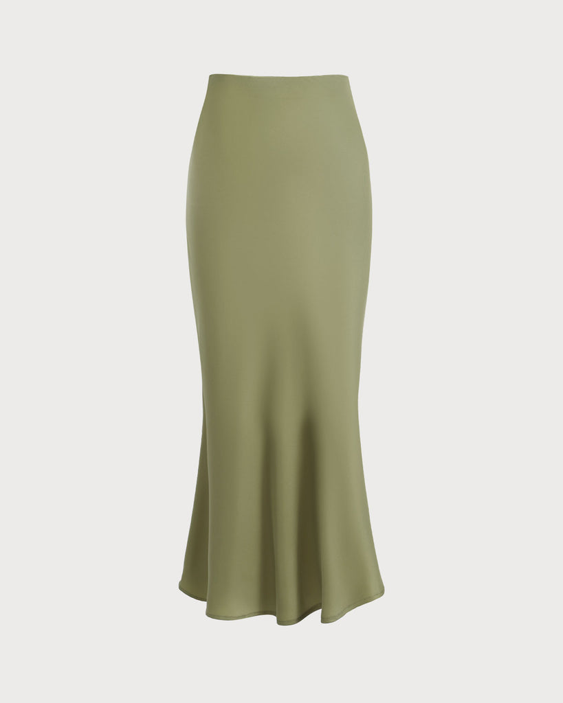 Women's Green Satin Mermaid Midi Skirt