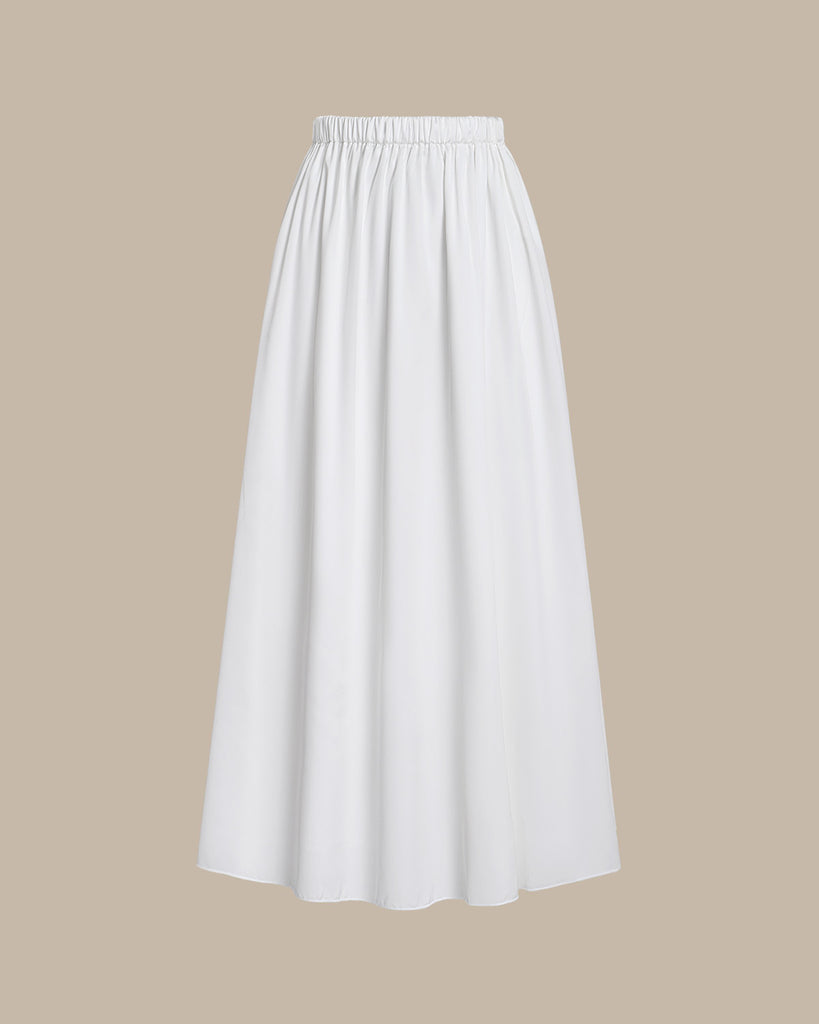 White High Waisted Elastic Waist Midi Skirt - RIHOAS