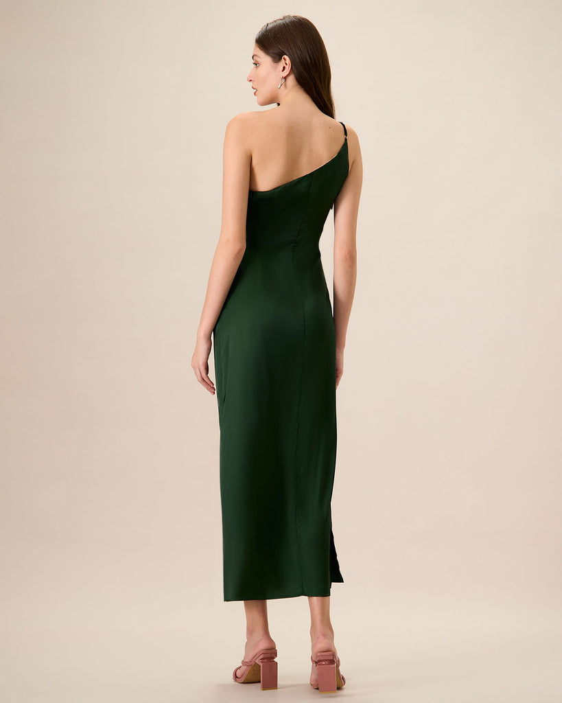 Women's Green One-shoulder Satin Maxi Dress - RIHOAS