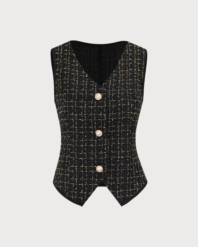 Women's Black V-Neck Buttoned Tweed Vest