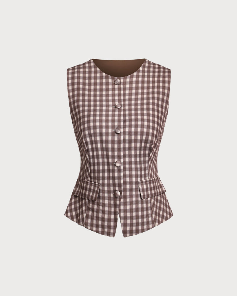 Brown Plaid Round Neck Vest