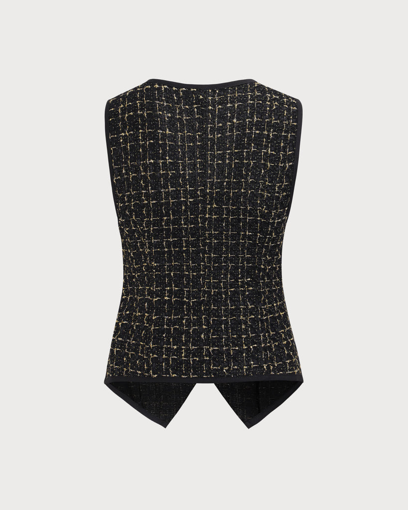 Women's Black V-Neck Buttoned Tweed Vest