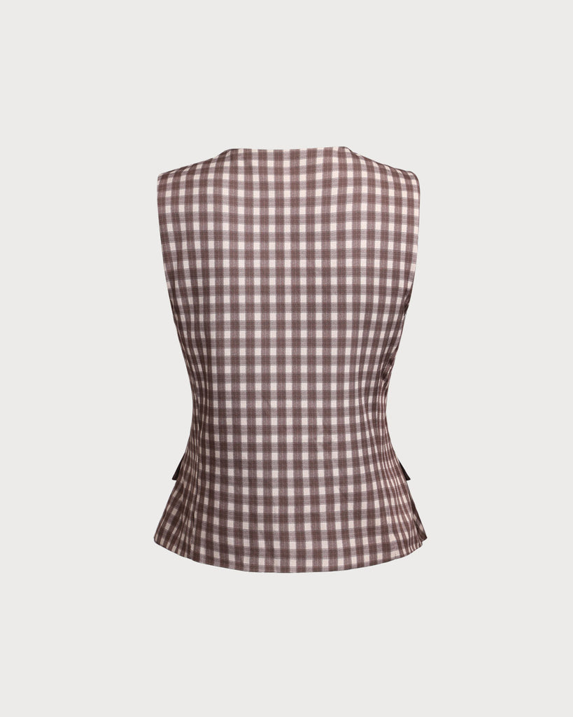 Brown Plaid Round Neck Vest