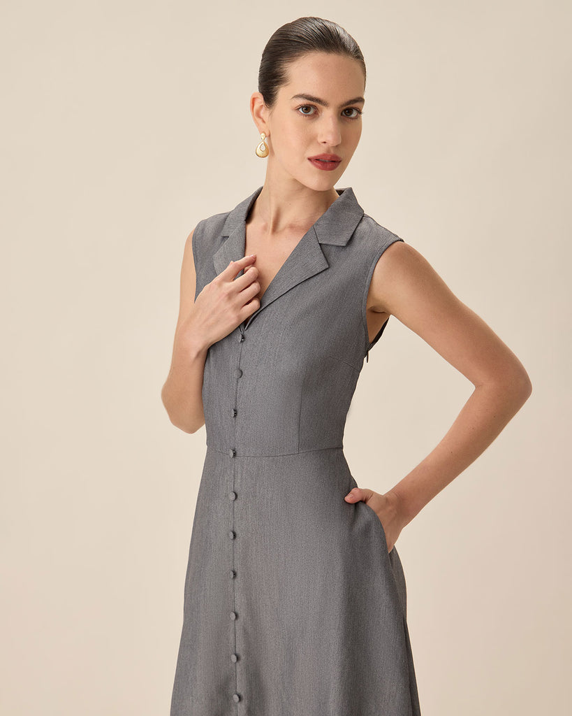 Grey V-Neck Button Midi Dress