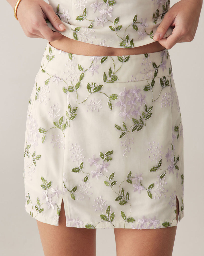 Beige Floral Straight Mini Skirt