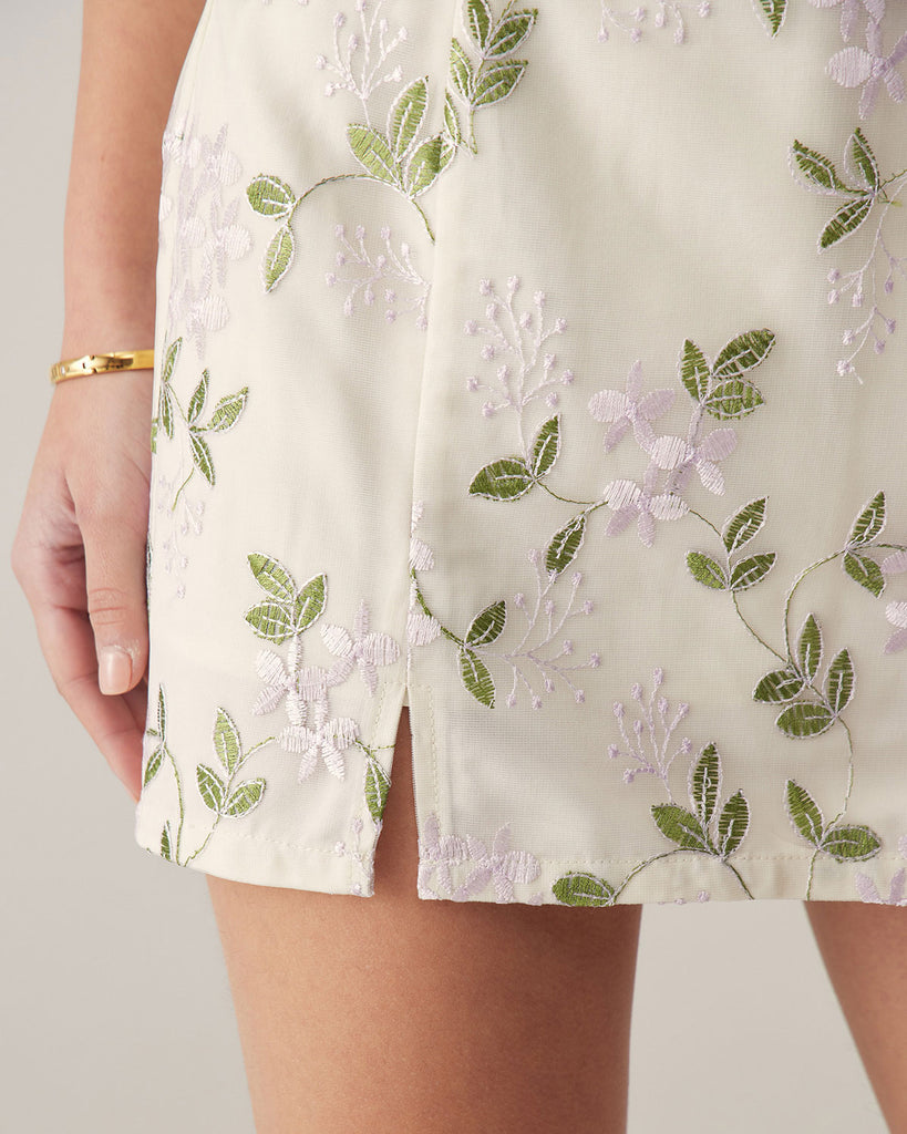 Beige Floral Straight Mini Skirt