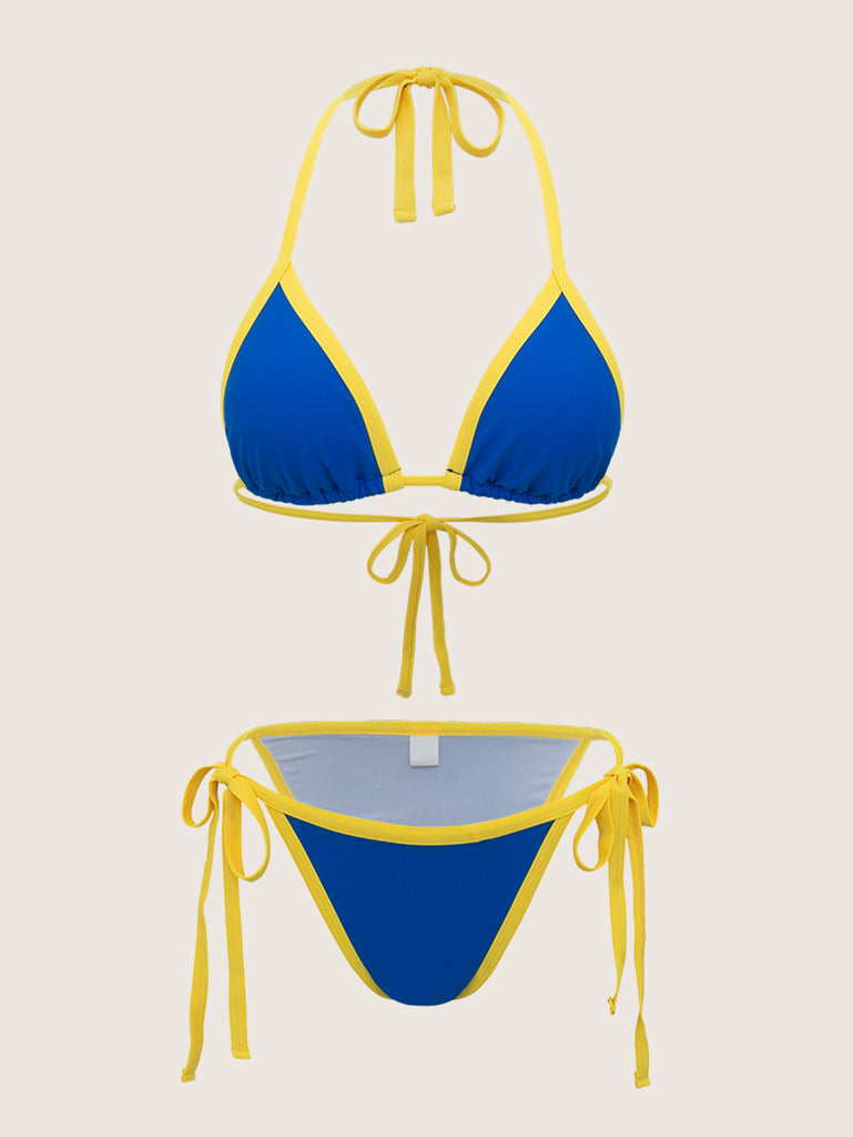 Blue Contrasting Drawstring Bikini Set