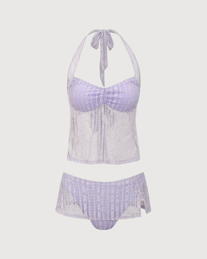 Purple Lace Halter Tankini Swimsuit