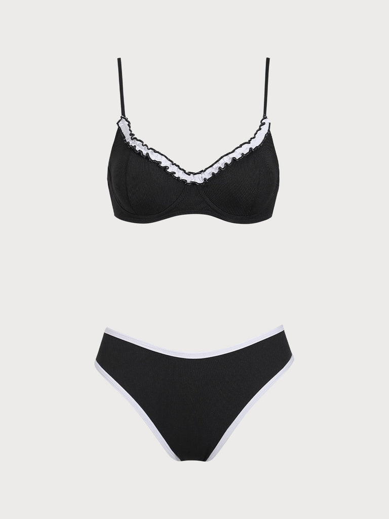 Black Contrasting Lace Underwire Bikini Set