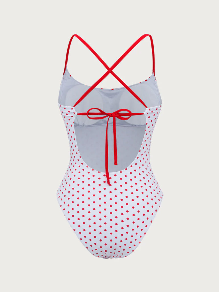 Red Contrast Polka Dot One-Piece Swimsuit