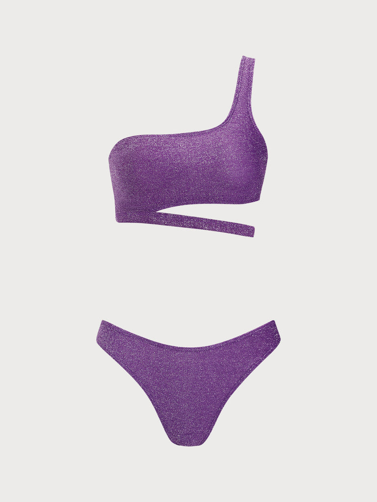 Purple Lurex Glitter One Shoulder Bikini Set