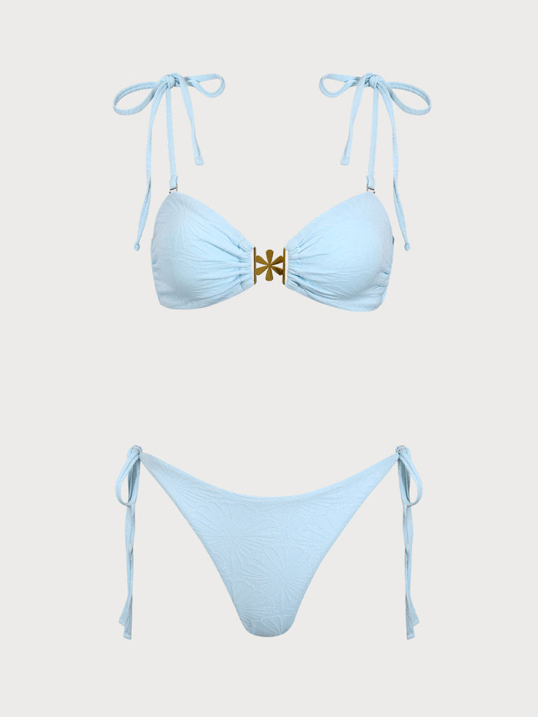 Blue Textured Drawstring Bikini Set