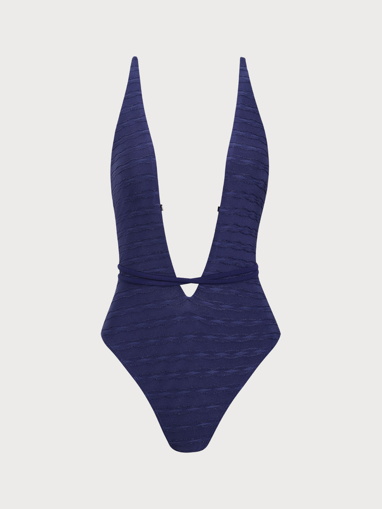 Blue Textured Tie Front One-Piece Swimsuit