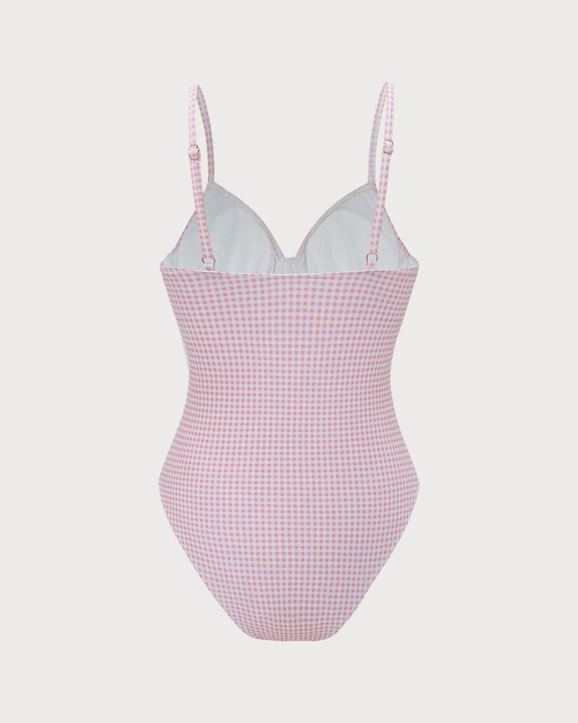 Pink Plaid Lace One-Piece Swimsuit