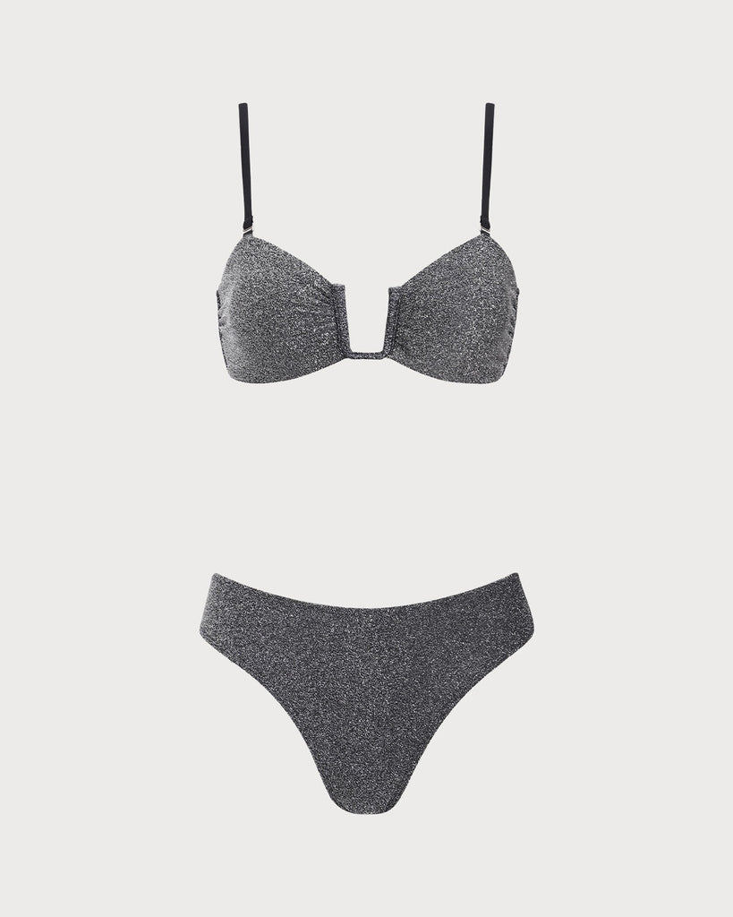 Black Lurex U-Shaped Bikini Set