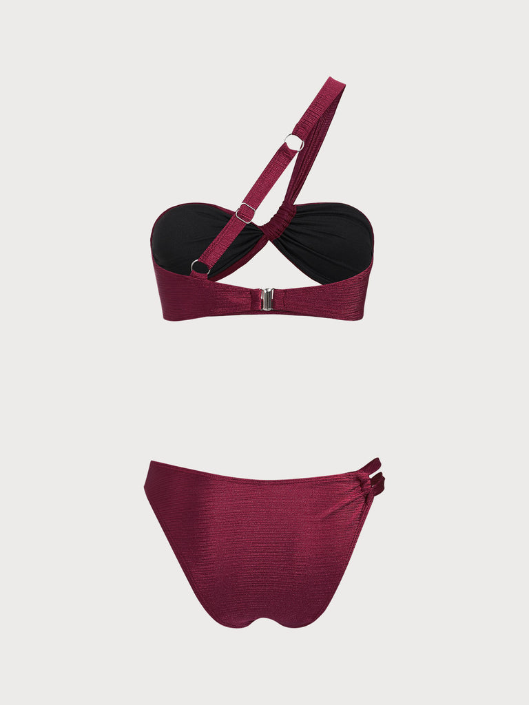 Burgundy One Shoulder Cutout Bikini Set