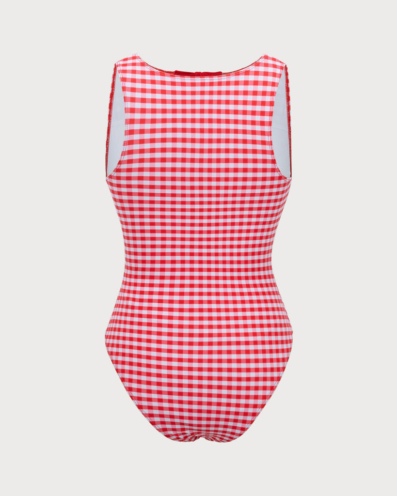 Red Plaid Boat Neck One-Piece Swimsuit