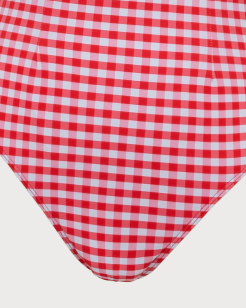 Red Plaid Boat Neck One-Piece Swimsuit