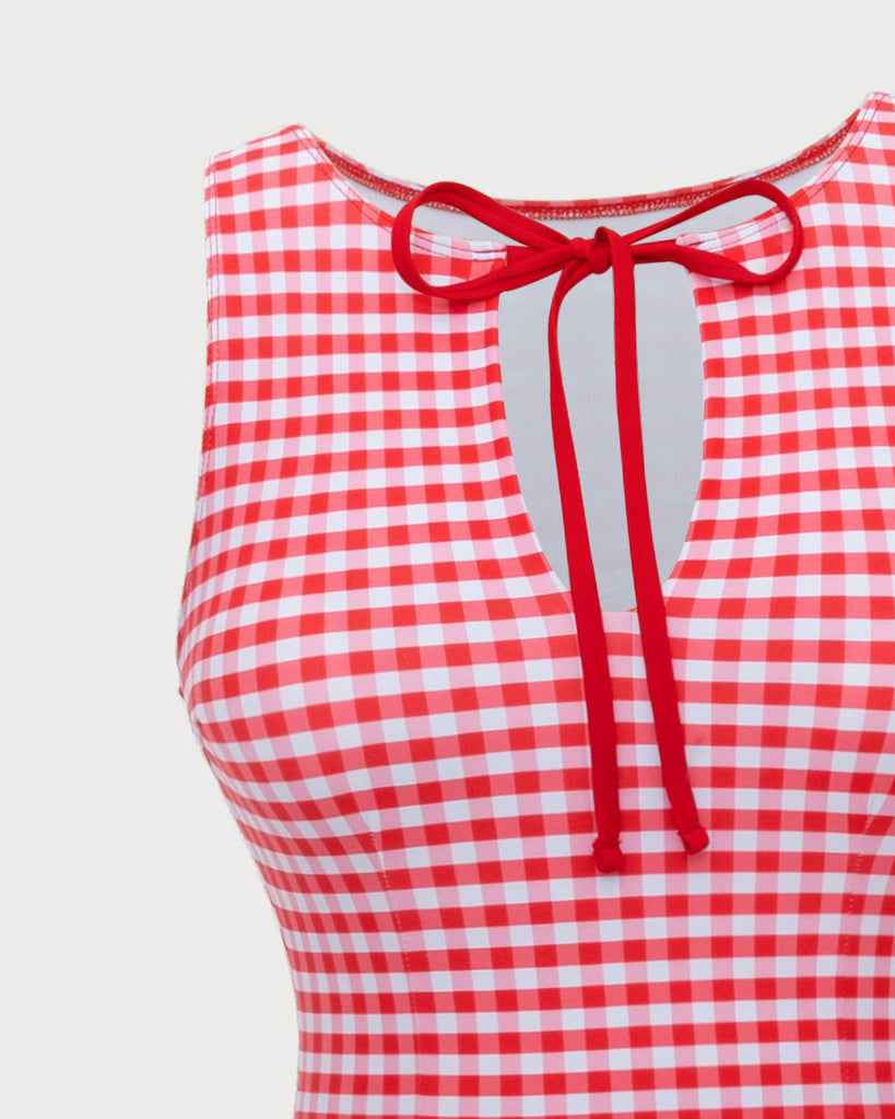 Red Plaid Boat Neck One-Piece Swimsuit