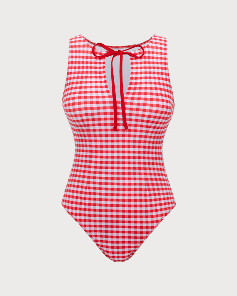 Red Plaid Boat Neck One-Piece Swimsuit