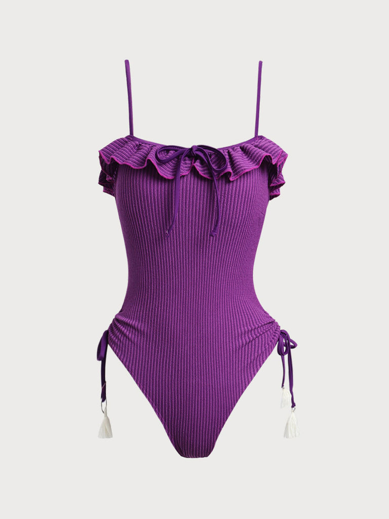 Purple Ruffled Cutout One-Piece Swimsuit- RIHOAS