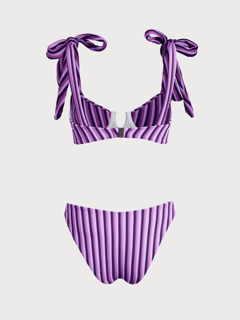 Women'S Polyester Knitted Striped Bow V-Shaped Bikini Set Bikinis - RIHOAS