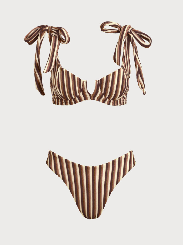 Women'S Polyester Knitted Striped Bow V-Shaped Bikini Set Brown Bikinis - RIHOAS