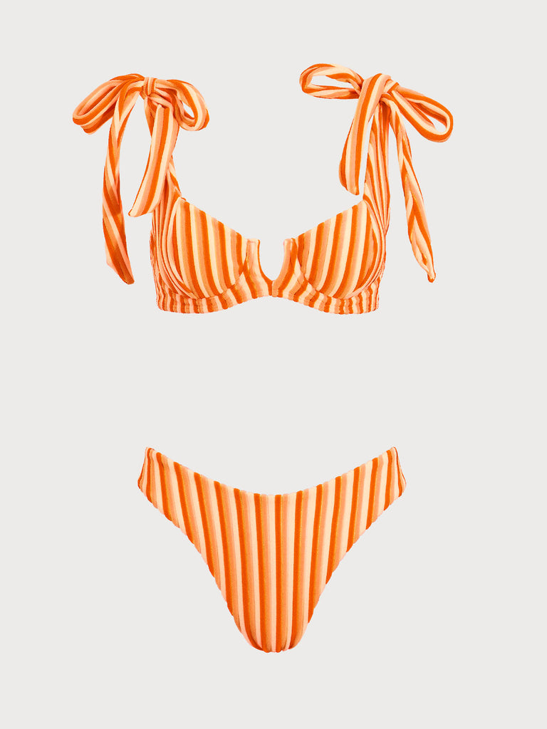 Women'S Polyester Knitted Striped Bow V-Shaped Bikini Set Orange Bikinis - RIHOAS