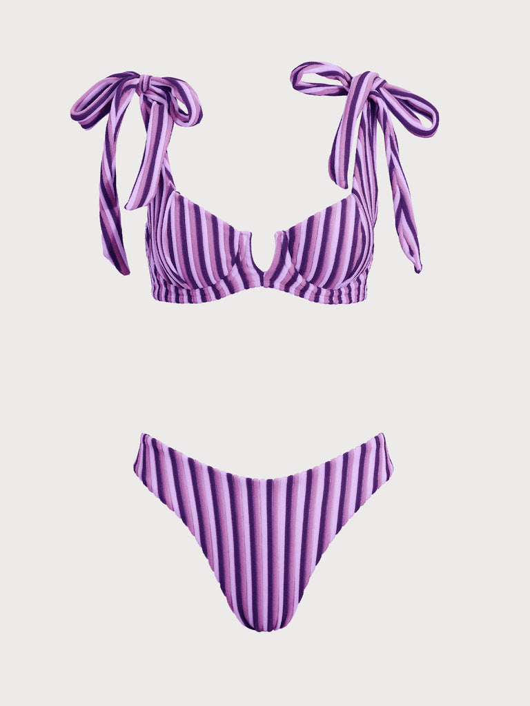 Women'S Polyester Knitted Striped Bow V-Shaped Bikini Set Purple Bikinis - RIHOAS