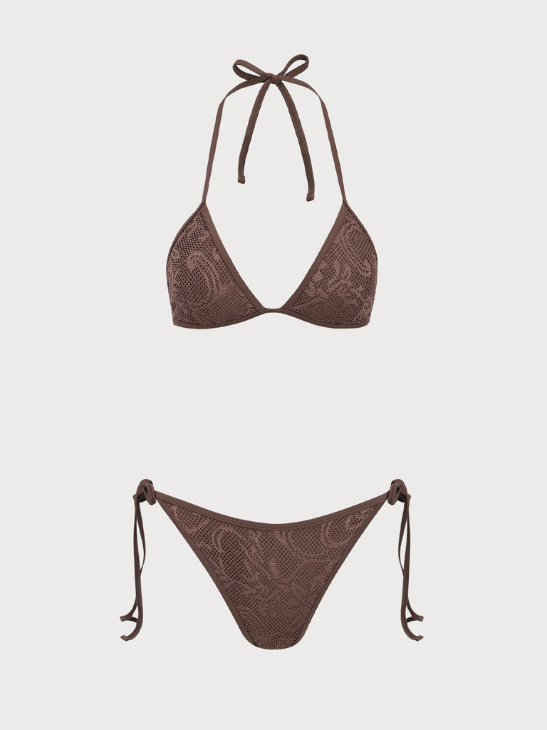 Brown Mesh Bikini Three Piece Suit