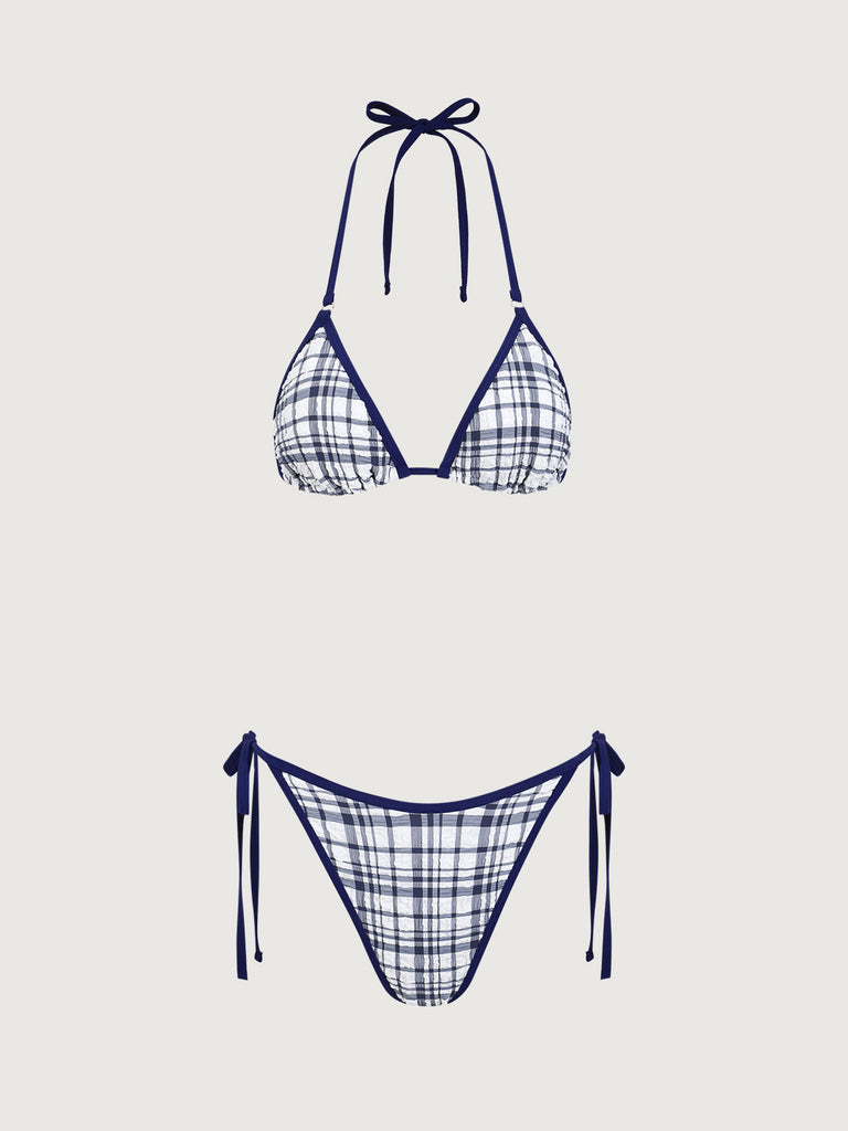 Blue Plaid Halter Bikini Set