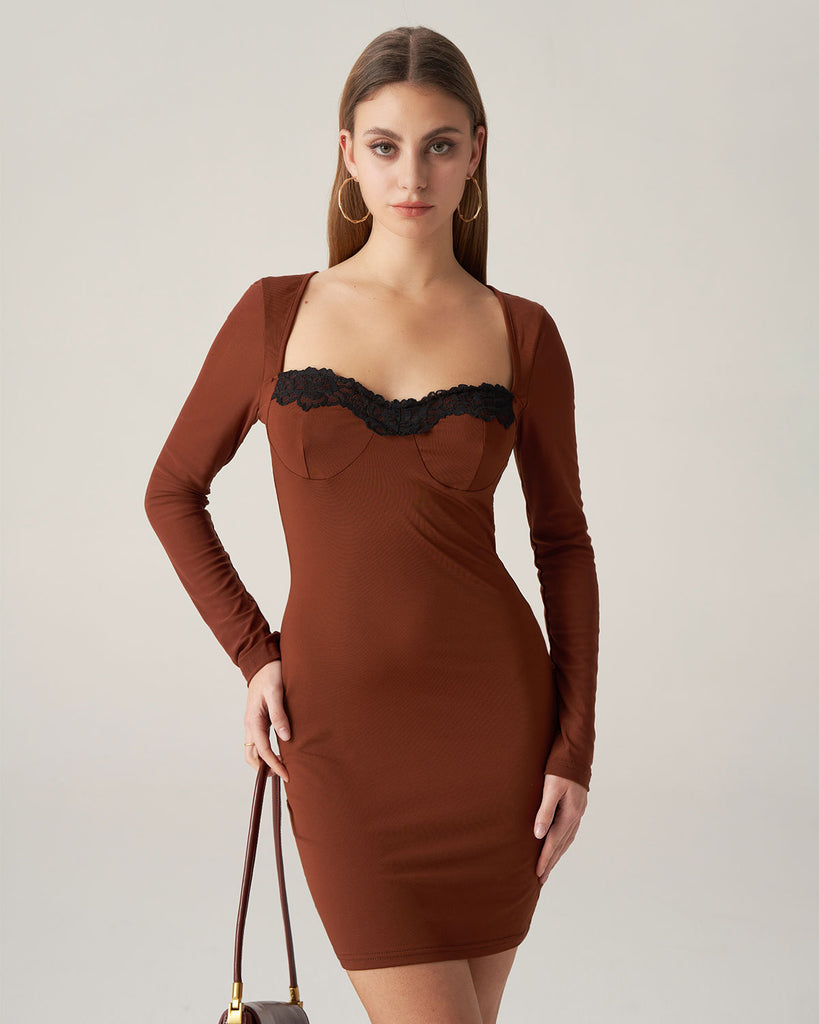 Brown Lace Splicing Bodycon Mini Dress