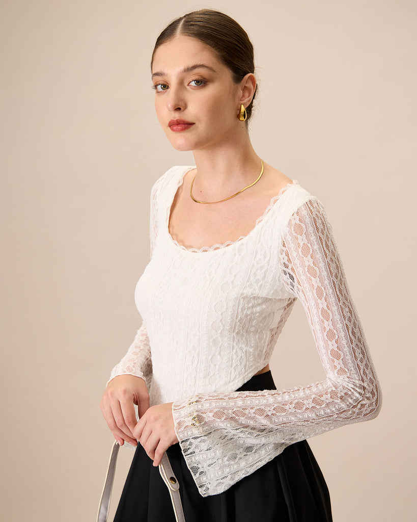 Women's White Lace See-Through Cropped Tee