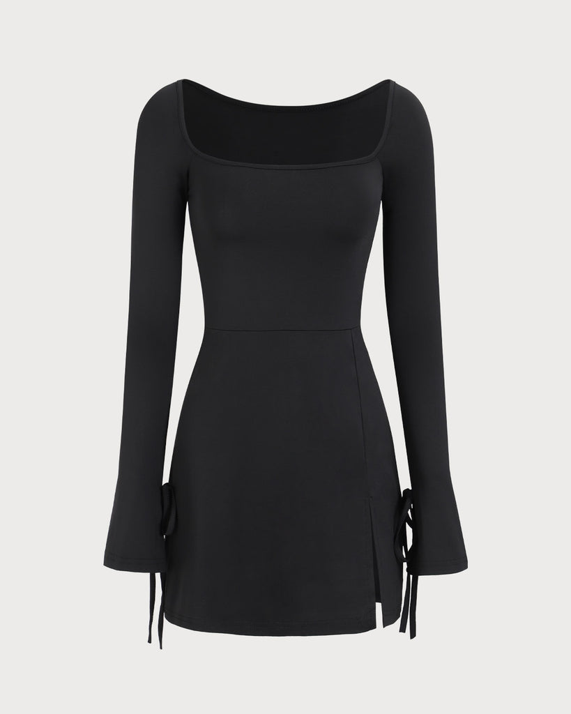 Women's Black Square Neck Knitted Long Sleeve Mini Dress