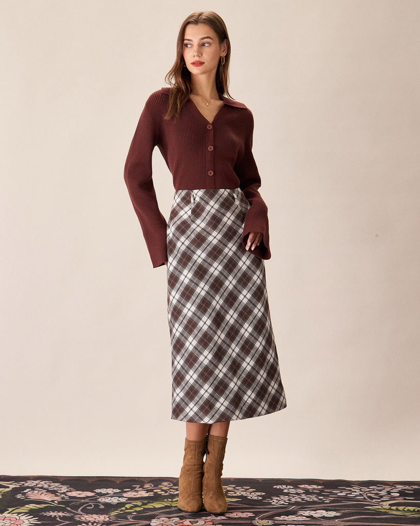 Brown Plaid Slit Satin Midi Skirt