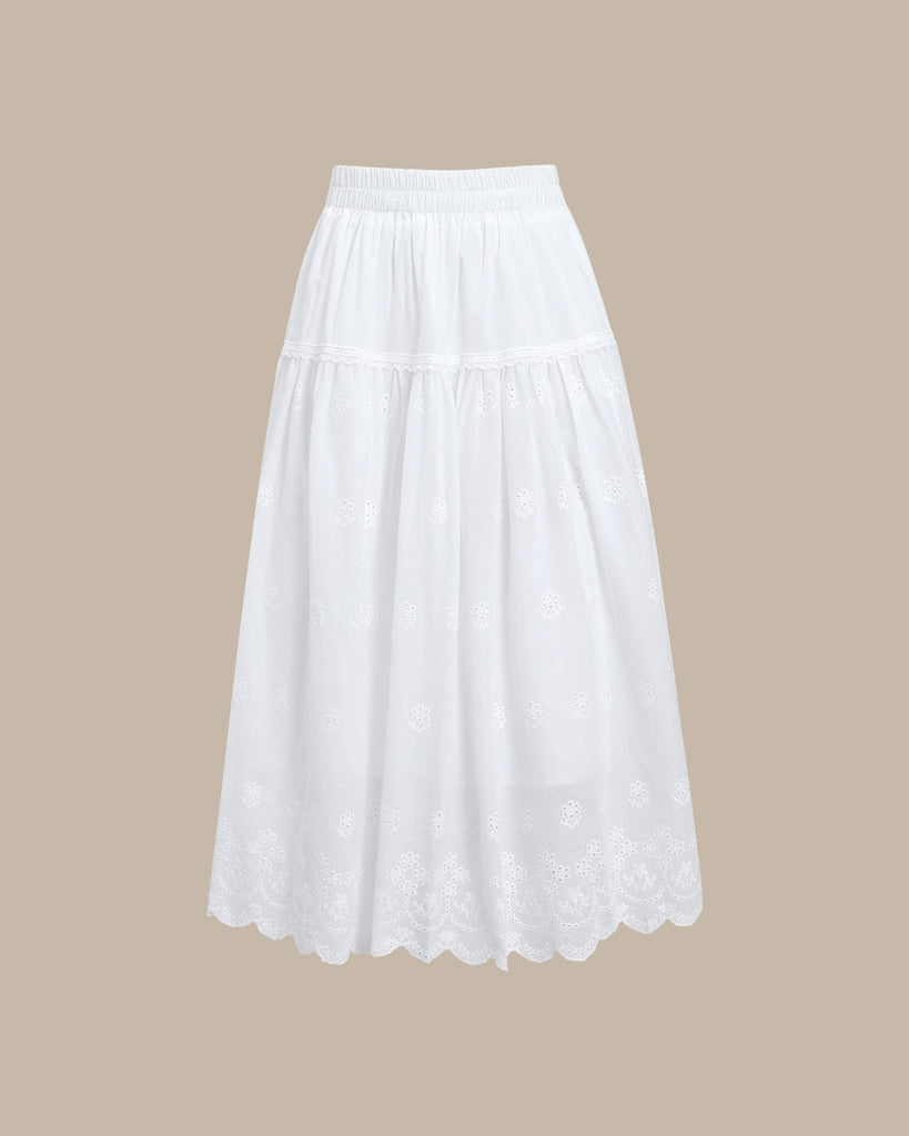 White Embroidery A-Line Midi Skirt