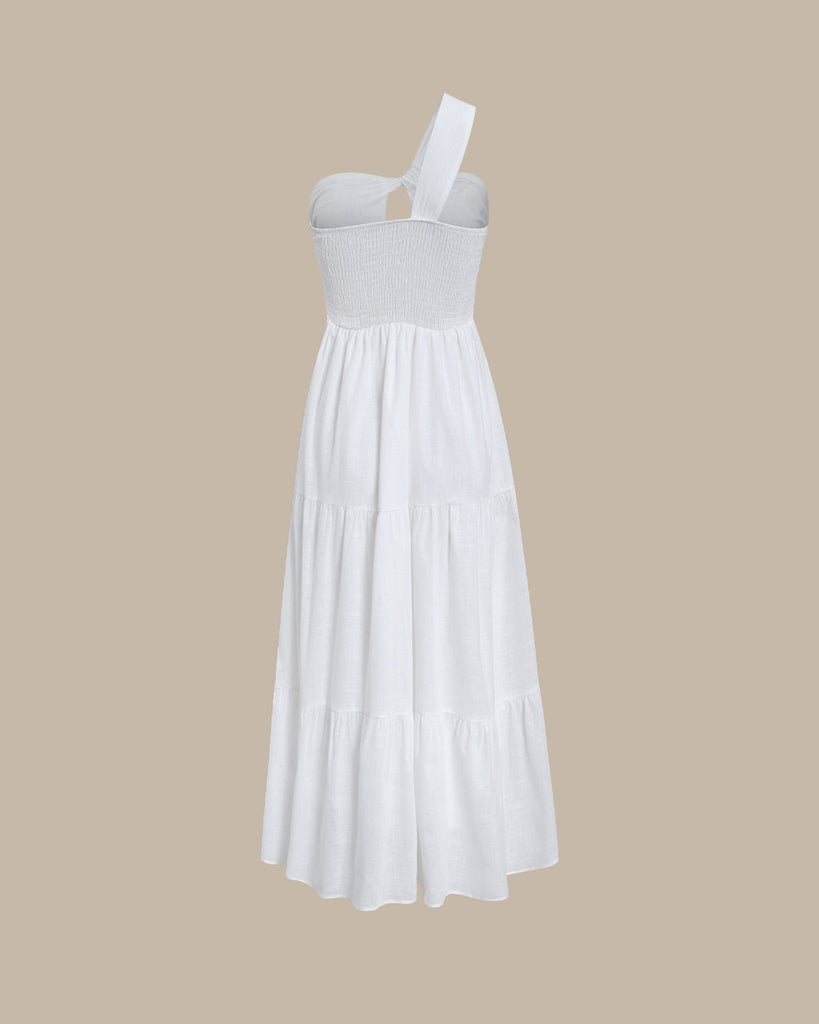 White Ruched One Shoulder Midi Dress