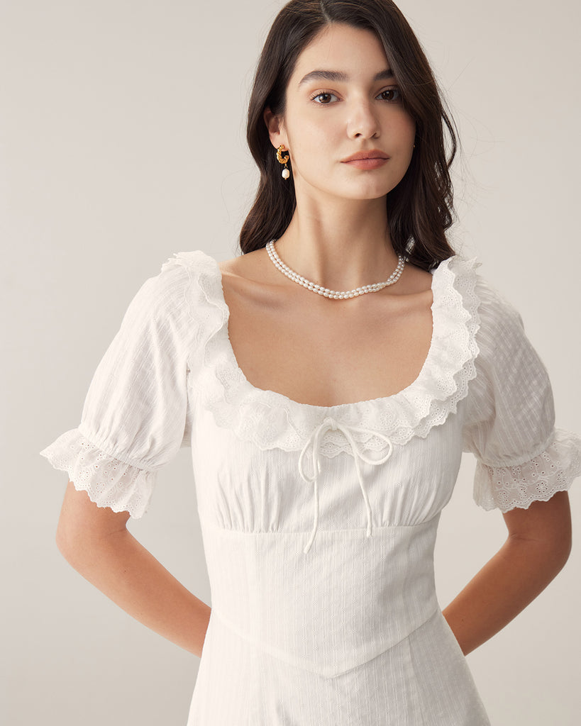 White Embroidery Puffed Sleeve Maxi Dress