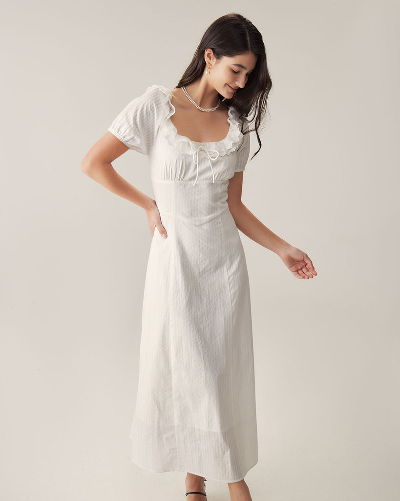 White Embroidery Puffed Sleeve Maxi Dress