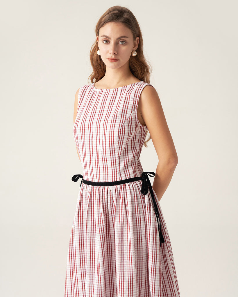 Red Plaid Boat Neck Midi Dress