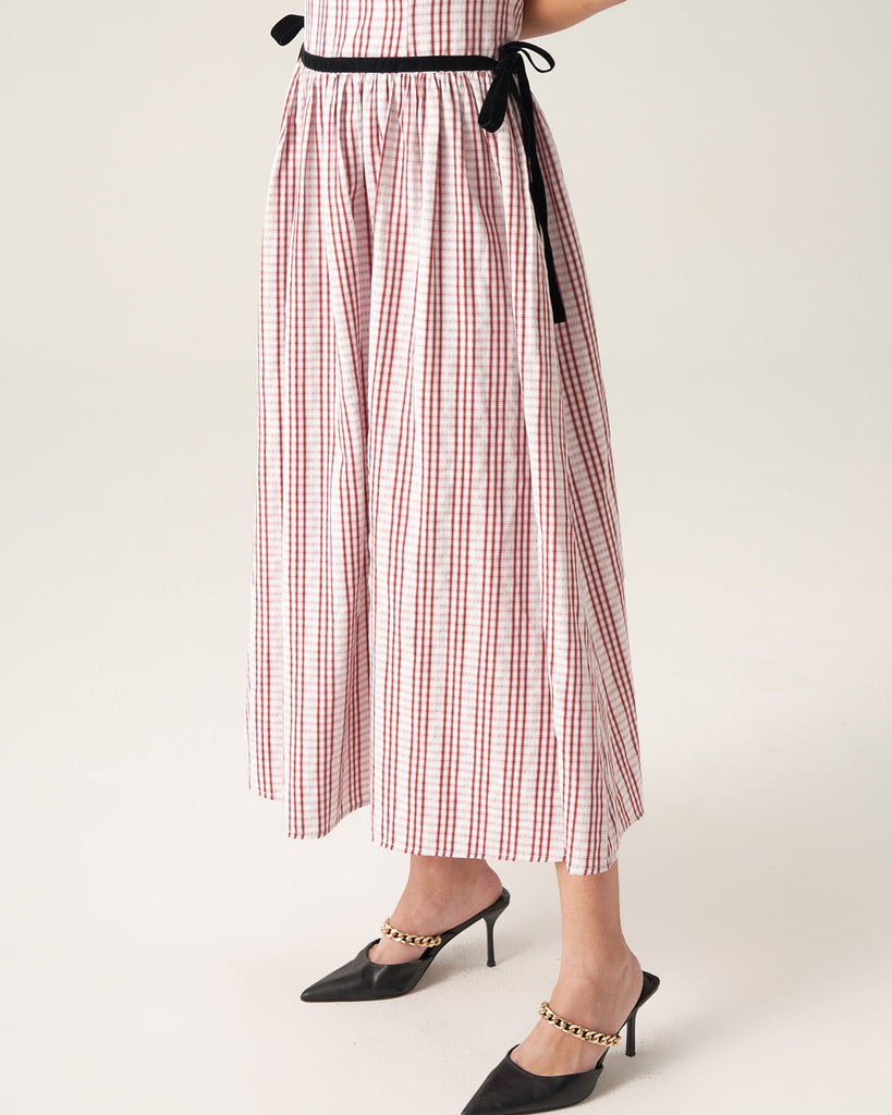 Red Plaid Boat Neck Midi Dress